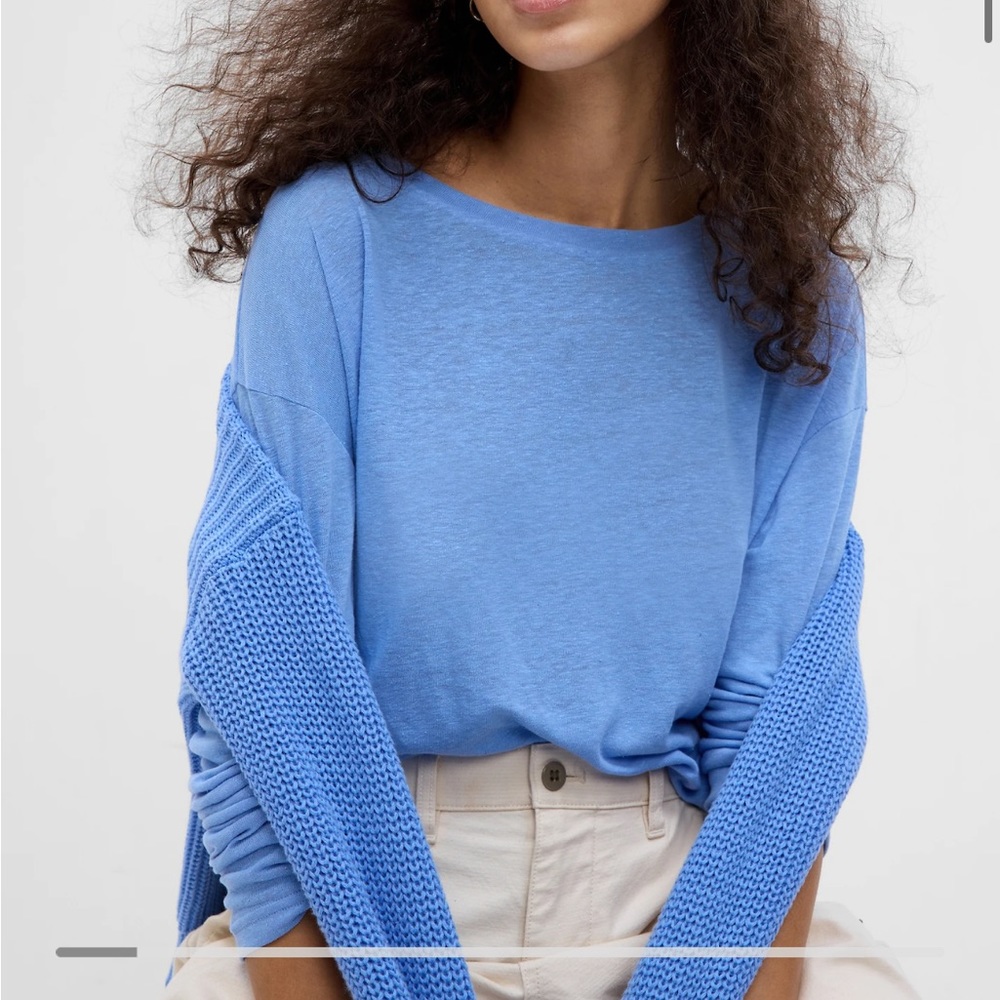 NWOT Gap long sleeve boatneck linen blend tee, blue, Large